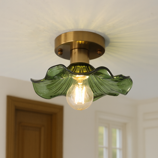 23-Inch Flush Mount LED Light Fixture Green Floral Glass Shade for Bedroom Hallway Low Ceiling Rooms Ambient Overhead Lighting