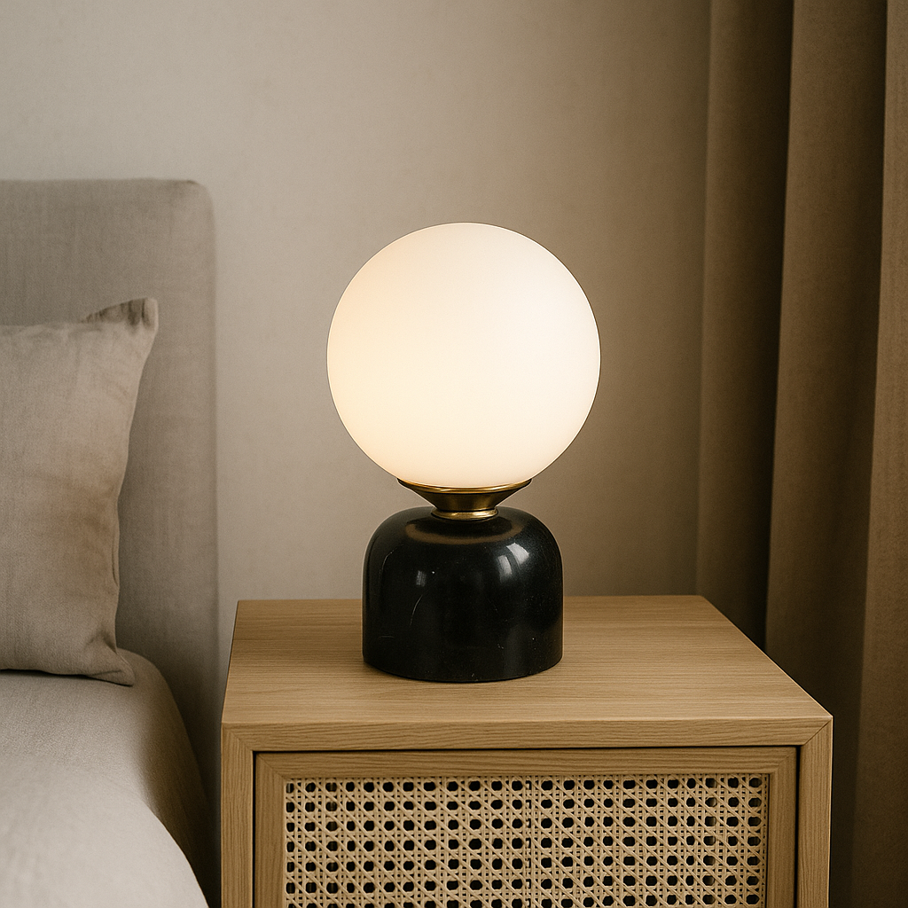 Minimalist Globe Accent Lamp with Natural Stone Base – Frosted Sphere Design for Nightstands, Side Tables & Console Styling – Soft Glow Illu