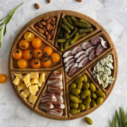 Divided Wooden Serving Tray 10-Inch Round 8-Section Appetizer Platter for Cheese Charcuterie Snacks Party Food Display Tapas Board with Remo