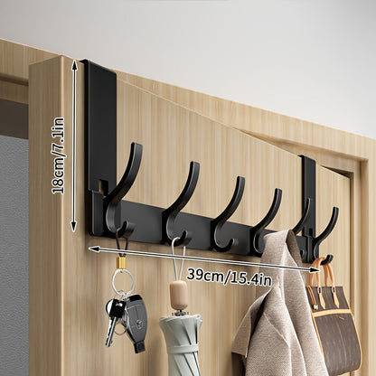 Door-Mounted Aluminum Hook Rack 15 in Black – No-Drill Coat Hanger for Entryway Closet Bedroom Bathroom – 6 & 7 Hook Configurations
