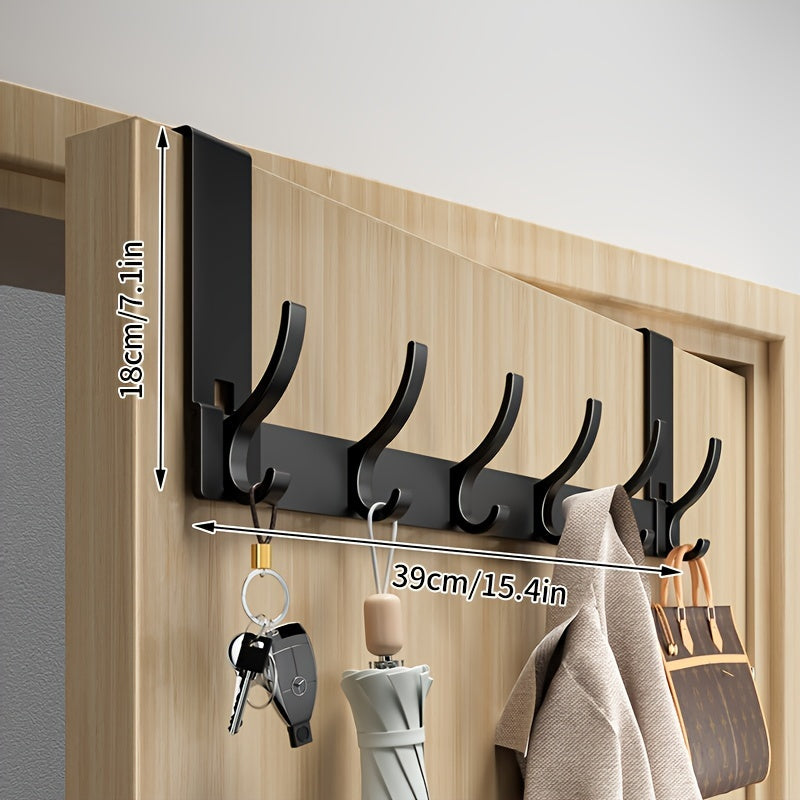 Door-Mounted Aluminum Hook Rack 15 in Black – No-Drill Coat Hanger for Entryway Closet Bedroom Bathroom – 6 & 7 Hook Configurations