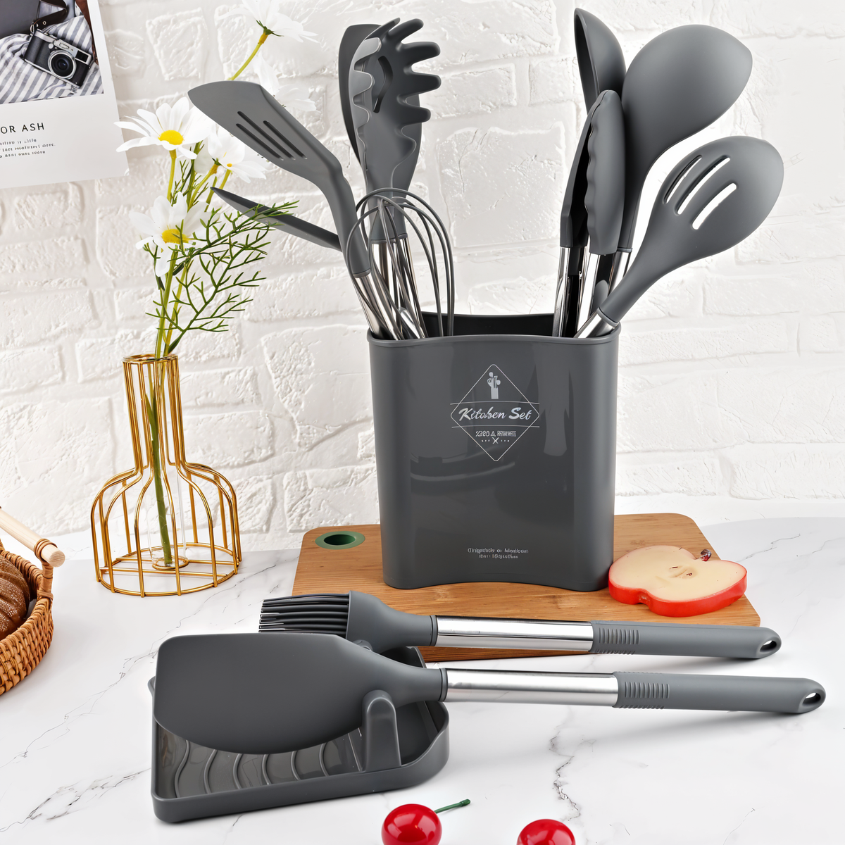 Cooking Utensil Set 12-Piece Silicone Steel Handles Heat Resistant Non-Stick Safe Tools with Holder Spatula Whisk Tongs Ladle for Home Kitch