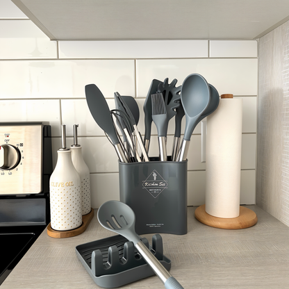 Cooking Utensil Set 12-Piece Silicone Steel Handles Heat Resistant Non-Stick Safe Tools with Holder Spatula Whisk Tongs Ladle for Home Kitch