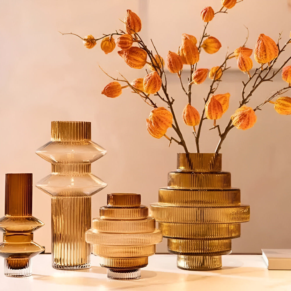 Honey Amber Glass Vase Modern Geometric Decorative Statement Piece for Table Centerpiece Shelf Display Living Room Dining Room Bedroom