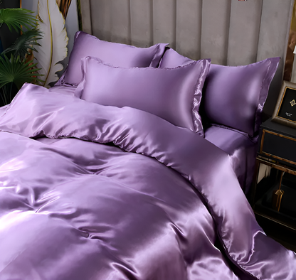 Silk Blend Sheet Set Purple 180 GSM Duvet Cover Fitted Sheet Pillowcases for Queen King Bed Luxury Breathable Bedding for Bedroom Guest Room