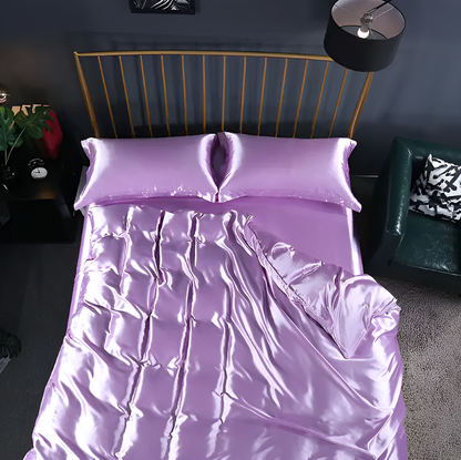 Silk Blend Sheet Set Purple 180 GSM Duvet Cover Fitted Sheet Pillowcases for Queen King Bed Luxury Breathable Bedding for Bedroom Guest Room