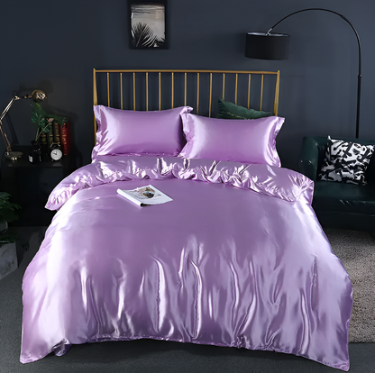 Silk Blend Sheet Set Purple 180 GSM Duvet Cover Fitted Sheet Pillowcases for Queen King Bed Luxury Breathable Bedding for Bedroom Guest Room