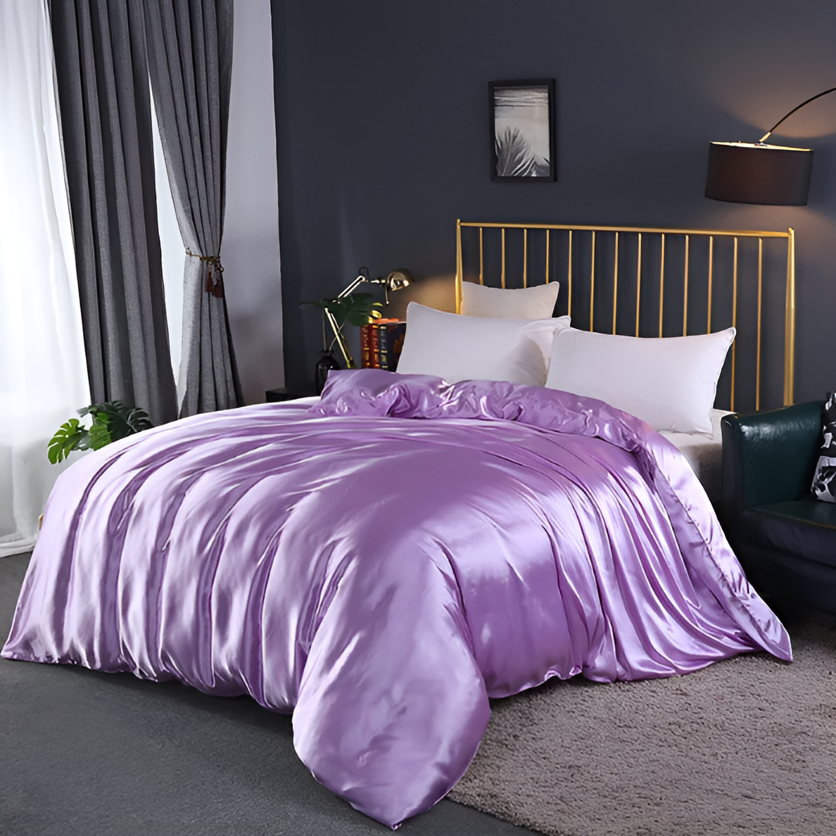 Silk Blend Sheet Set Purple 180 GSM Duvet Cover Fitted Sheet Pillowcases for Queen King Bed Luxury Breathable Bedding for Bedroom Guest Room
