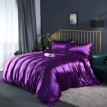 Silk Blend Sheet Set Purple 180 GSM Duvet Cover Fitted Sheet Pillowcases for Queen King Bed Luxury Breathable Bedding for Bedroom Guest Room
