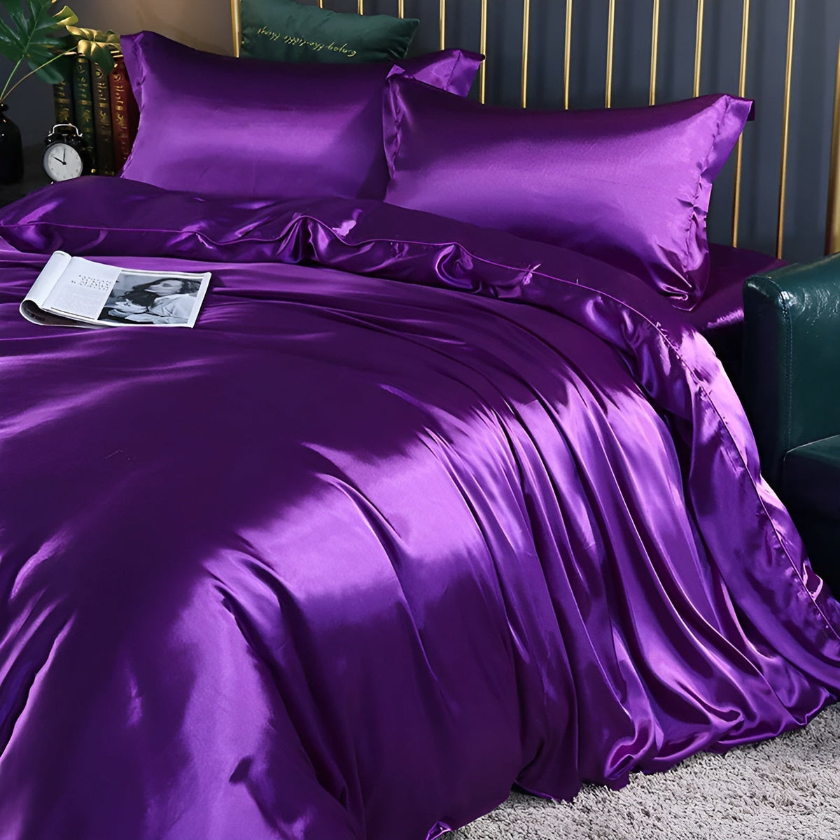 Silk Blend Sheet Set Purple 180 GSM Duvet Cover Fitted Sheet Pillowcases for Queen King Bed Luxury Breathable Bedding for Bedroom Guest Room