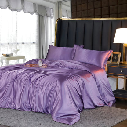 Silk Blend Sheet Set Purple 180 GSM Duvet Cover Fitted Sheet Pillowcases for Queen King Bed Luxury Breathable Bedding for Bedroom Guest Room