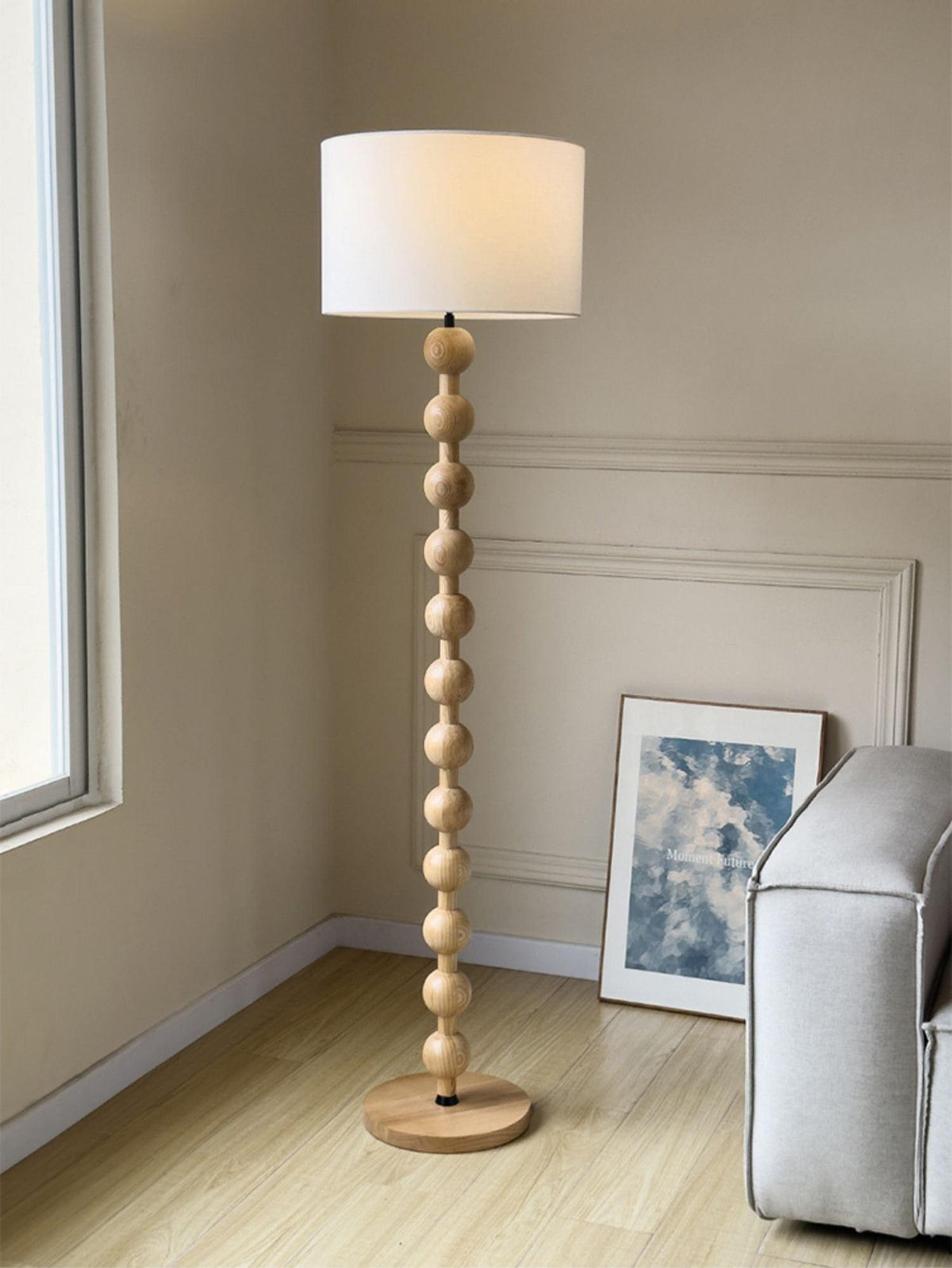 Tall Standing Lamp with White Shade 63 Inches Natural Wood Base Dimmable Accent Light for Bedroom Living Room Corner Reading Nook Modern Dec