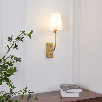 Fabric Shade Sconce Light with Brass Arm for Bedroom Reading & Hallway Accent | E12 Socket, Warm Ambient Glow, Space-Saving Install