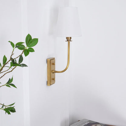 Fabric Shade Sconce Light with Brass Arm for Bedroom Reading & Hallway Accent | E12 Socket, Warm Ambient Glow, Space-Saving Install