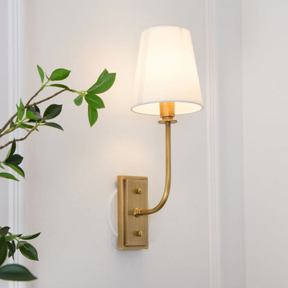 Fabric Shade Sconce Light with Brass Arm for Bedroom Reading & Hallway Accent | E12 Socket, Warm Ambient Glow, Space-Saving Install