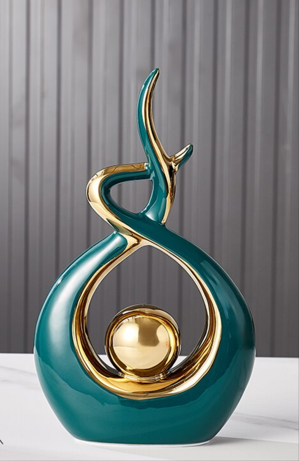 Sculpted Ceramic Figurine 12 Inch Emerald Gold Accent Handcrafted Art Object for Console Shelf Sideboard Mantel Modern Home Styling Statemen