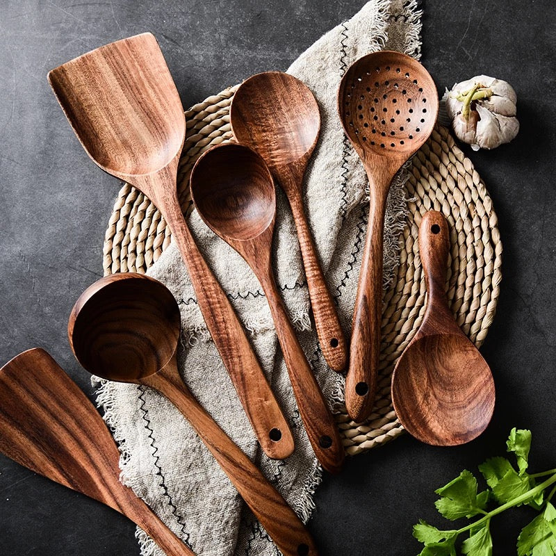 Natural Wood Kitchen Utensil Set 8-Piece with Display Stand for Cooking and Serving Non-Stick Cookware Safe Tools