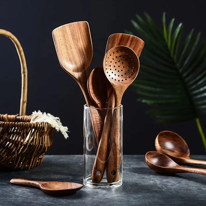 Natural Wood Kitchen Utensil Set 8-Piece with Display Stand for Cooking and Serving Non-Stick Cookware Safe Tools