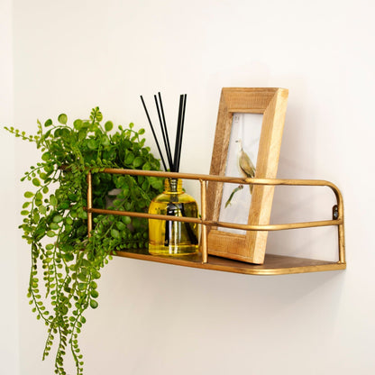 Floating Metal Display Shelf 22 Inches Wide Warm Brass Finish for Kitchen Bathroom Entryway Wire Frame Hanging Storage Organizer Rack