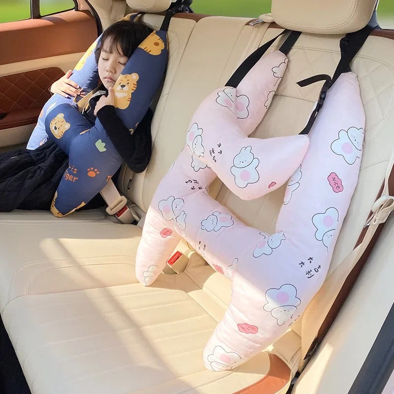 Kids Road Trip Sleep Cushion Beige 26 x 20 Inch Soft Cotton Blend with Adjustable Straps for Car Seat Headrest Support Children Toddler Long