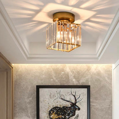 Square Brass Ceiling Light with Crystal Glass Cover – Modern Flush Mount Fixture for Bedroom, Hallway, Living Room & Home Office – E27
