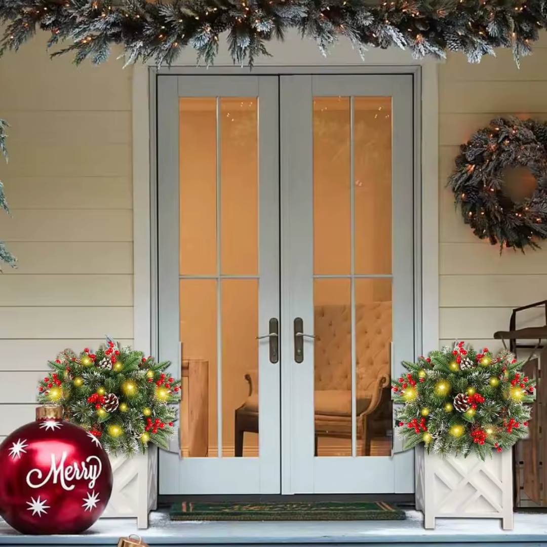 Illuminated Christmas Wreath with Stand for Planters & Holiday Display – 50 LED Lights & Timer