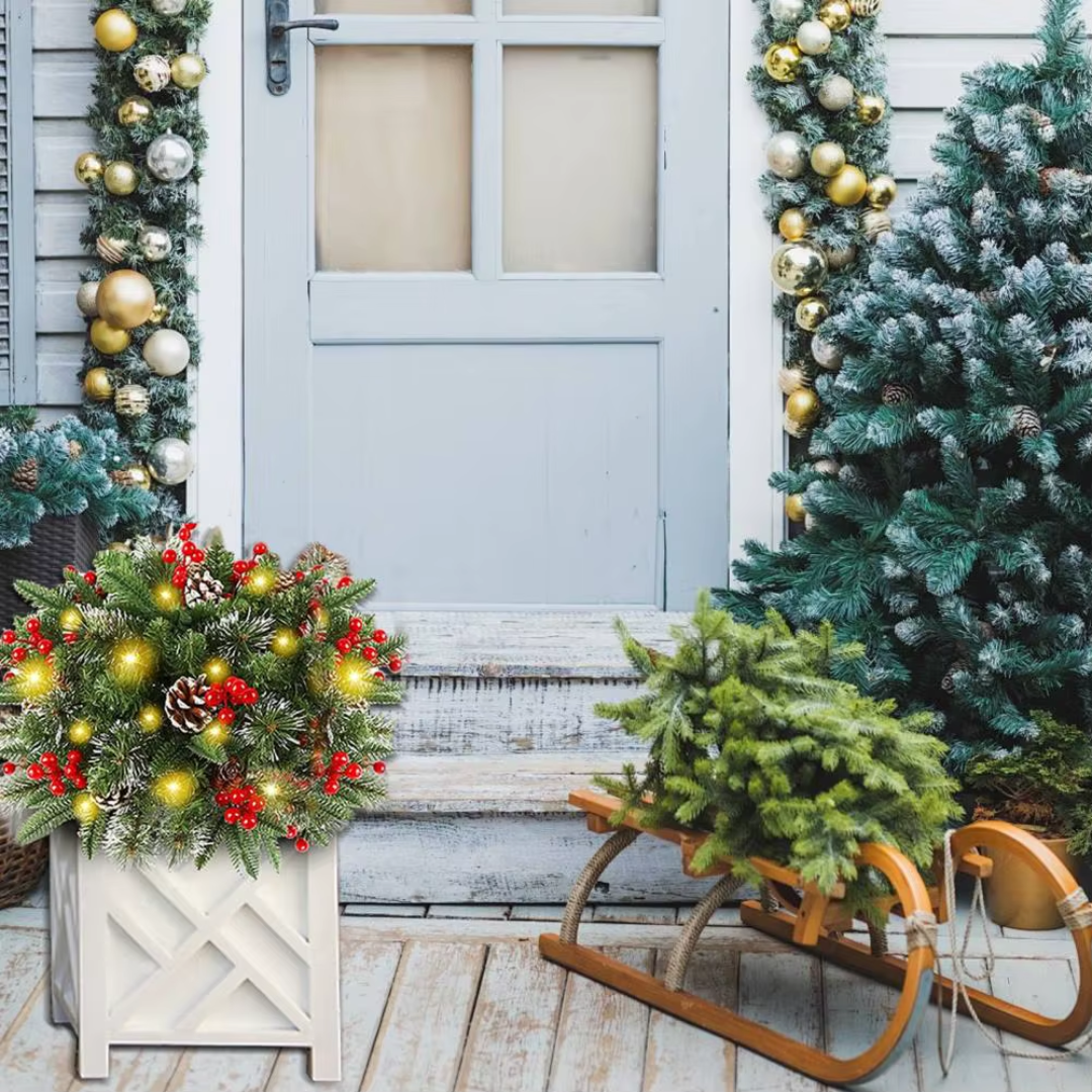 Illuminated Christmas Wreath with Stand for Planters & Holiday Display – 50 LED Lights & Timer