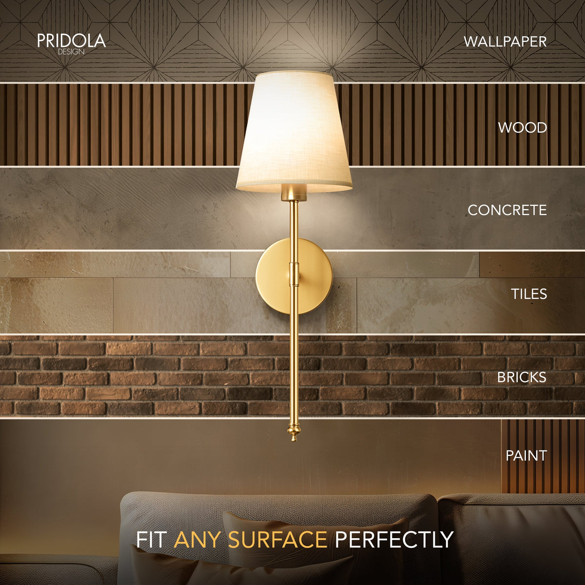 Remote Control Wall Sconce Set of 2 Gold 20 Inch Wireless Reading Light for Bedroom Living Room Adjustable Brightness Battery Operated Fabri