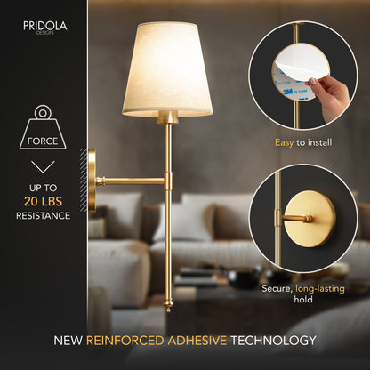 Remote Control Wall Sconce Set of 2 Gold 20 Inch Wireless Reading Light for Bedroom Living Room Adjustable Brightness Battery Operated Fabri