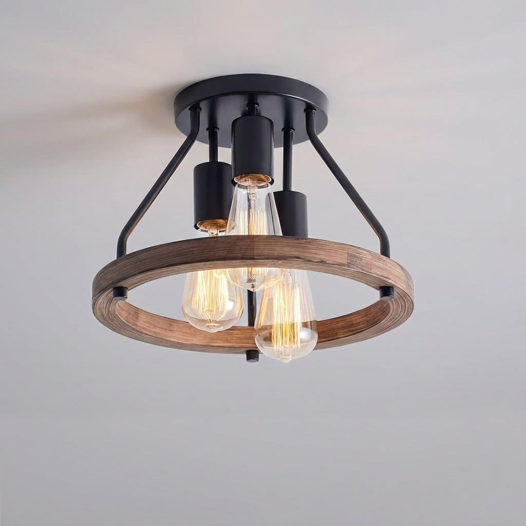 Three-Head Semi-Flush Mount Light with Adjustable Spotlights for Hallways Bedrooms Dining Rooms Wood Farmhouse Track Fixture 13 Inch Wide In