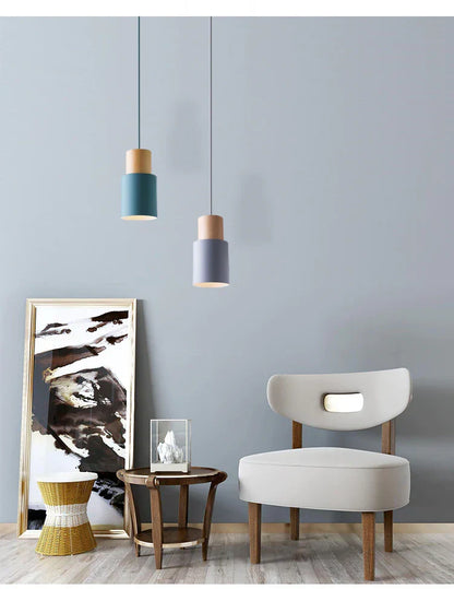 Mini Cylinder Drop Ceiling Light E27 Socket Wood & Iron Shade Adjustable Cord for Kitchen Island Dining Table Bedroom Scandinavian Style Han