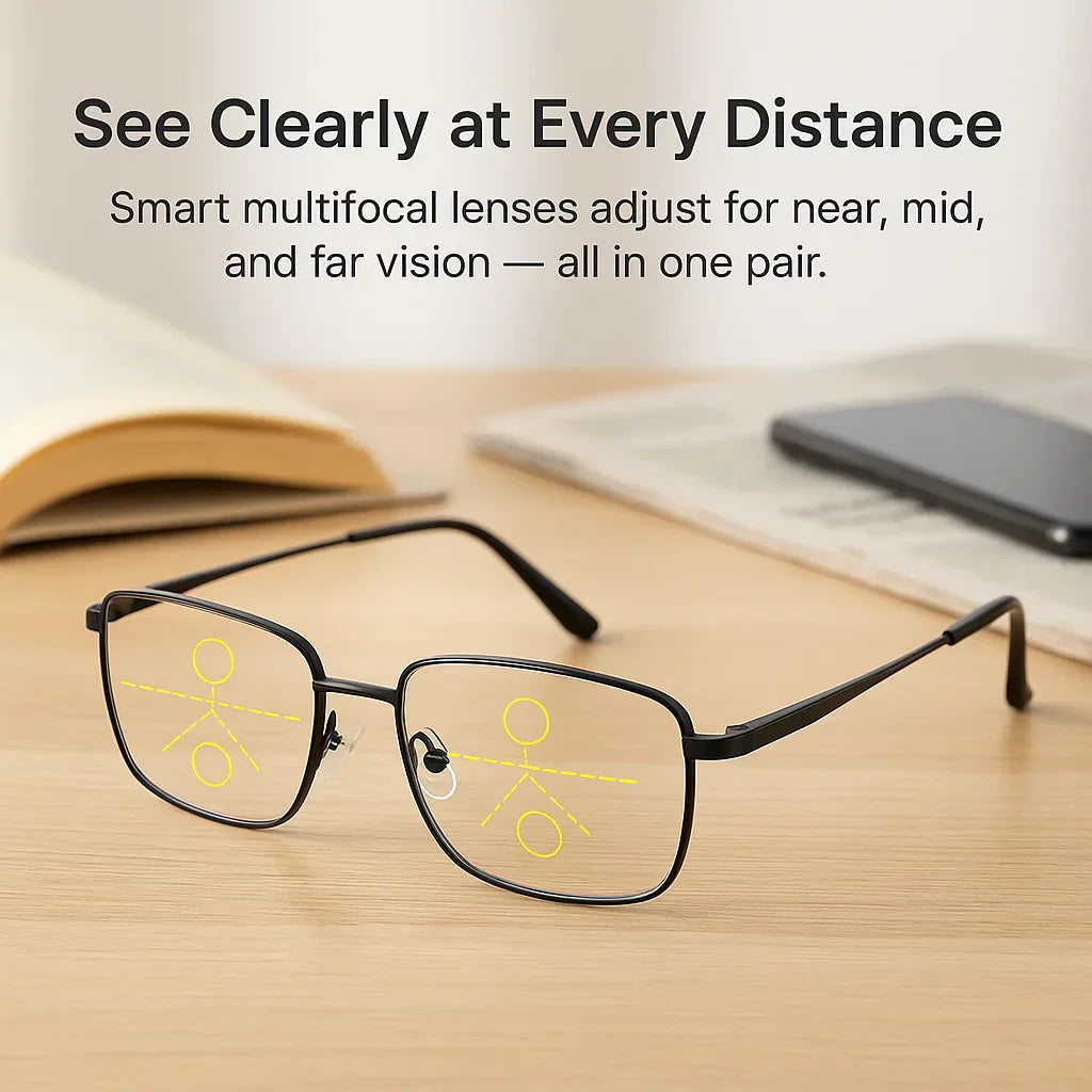 Multi-Focus Reading Glasses with Adaptive Light Filtering – Anti-Glare Computer Eyewear for Near & Distance Vision