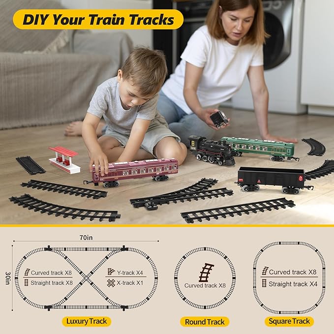 Electric Train Set for Kids with Lights and Sounds, Battery Operated Toy Train with Steam Effects, Railway Toy Set