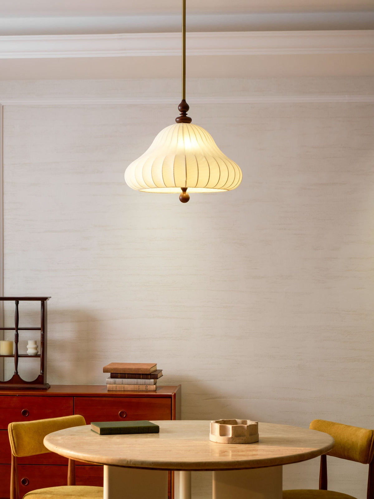 Adjustable Hanging Lamp with Layered Petal Shade Wood Metal Mixed Material 20 Inch Diameter for Dining Living Bedroom