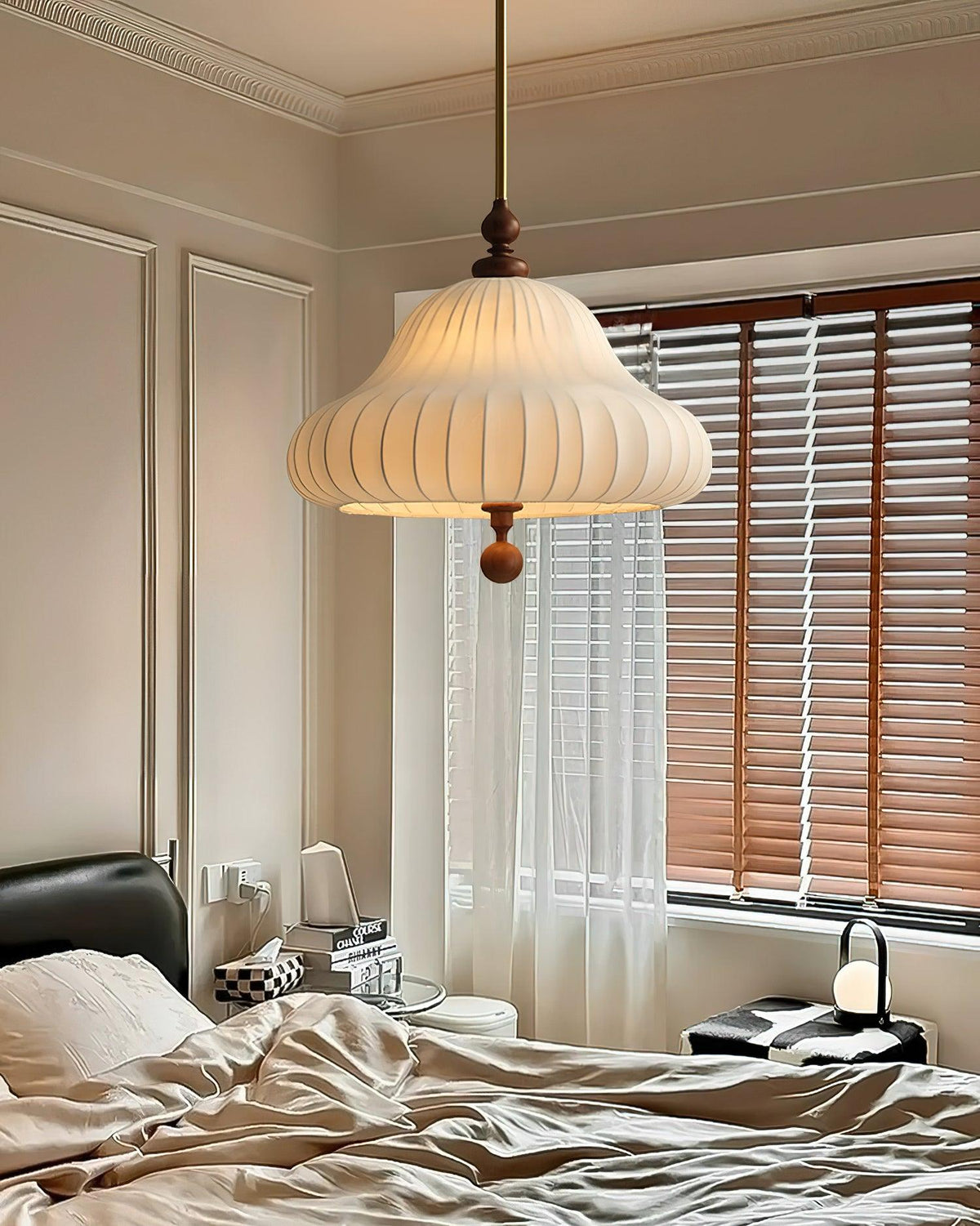 Adjustable Hanging Lamp with Layered Petal Shade Wood Metal Mixed Material 20 Inch Diameter for Dining Living Bedroom