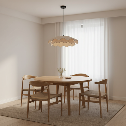 Adjustable Hanging Fixture with Metal & Cloth Shade for Overhead Illumination in Dining Spaces