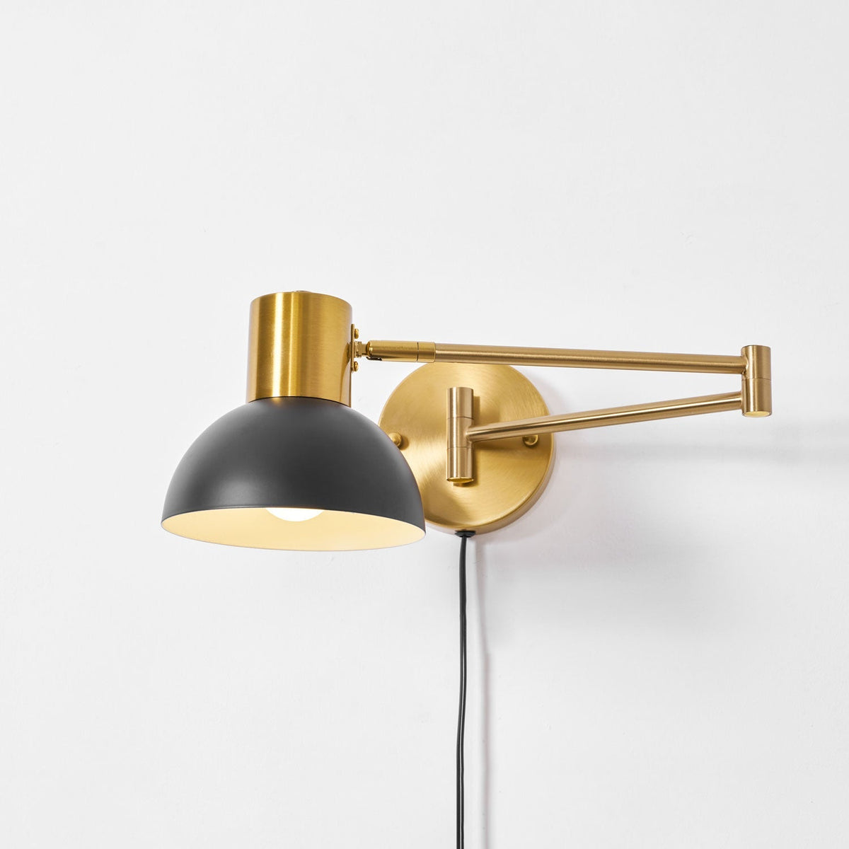Swing-Arm Reading Sconce with Rotating Shade Metal Plug-In Fixture Black & Gold Finish for Bedroom Living Room Study Nook Task Lighting