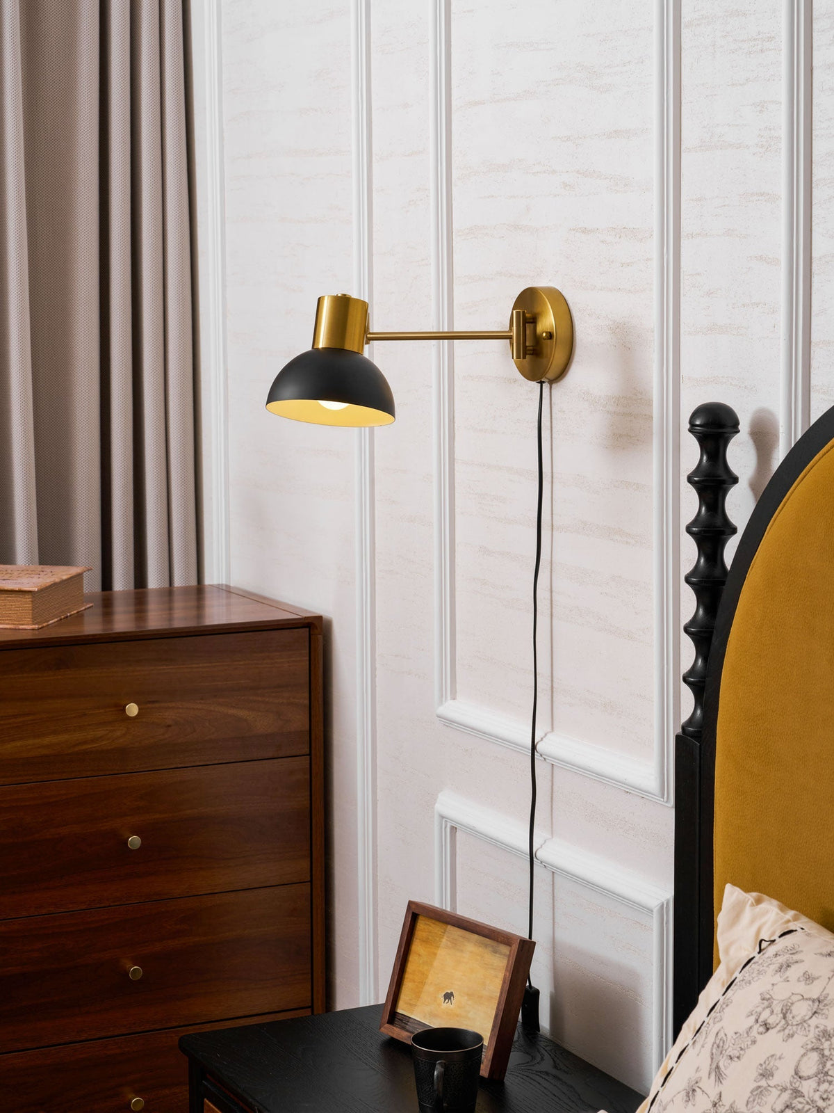 Swing-Arm Reading Sconce with Rotating Shade Metal Plug-In Fixture Black & Gold Finish for Bedroom Living Room Study Nook Task Lighting