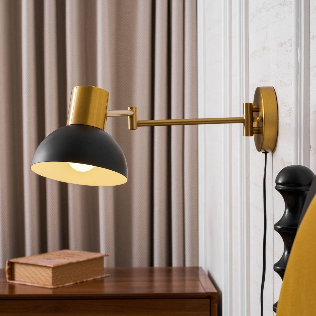 Swing-Arm Reading Sconce with Rotating Shade Metal Plug-In Fixture Black & Gold Finish for Bedroom Living Room Study Nook Task Lighting
