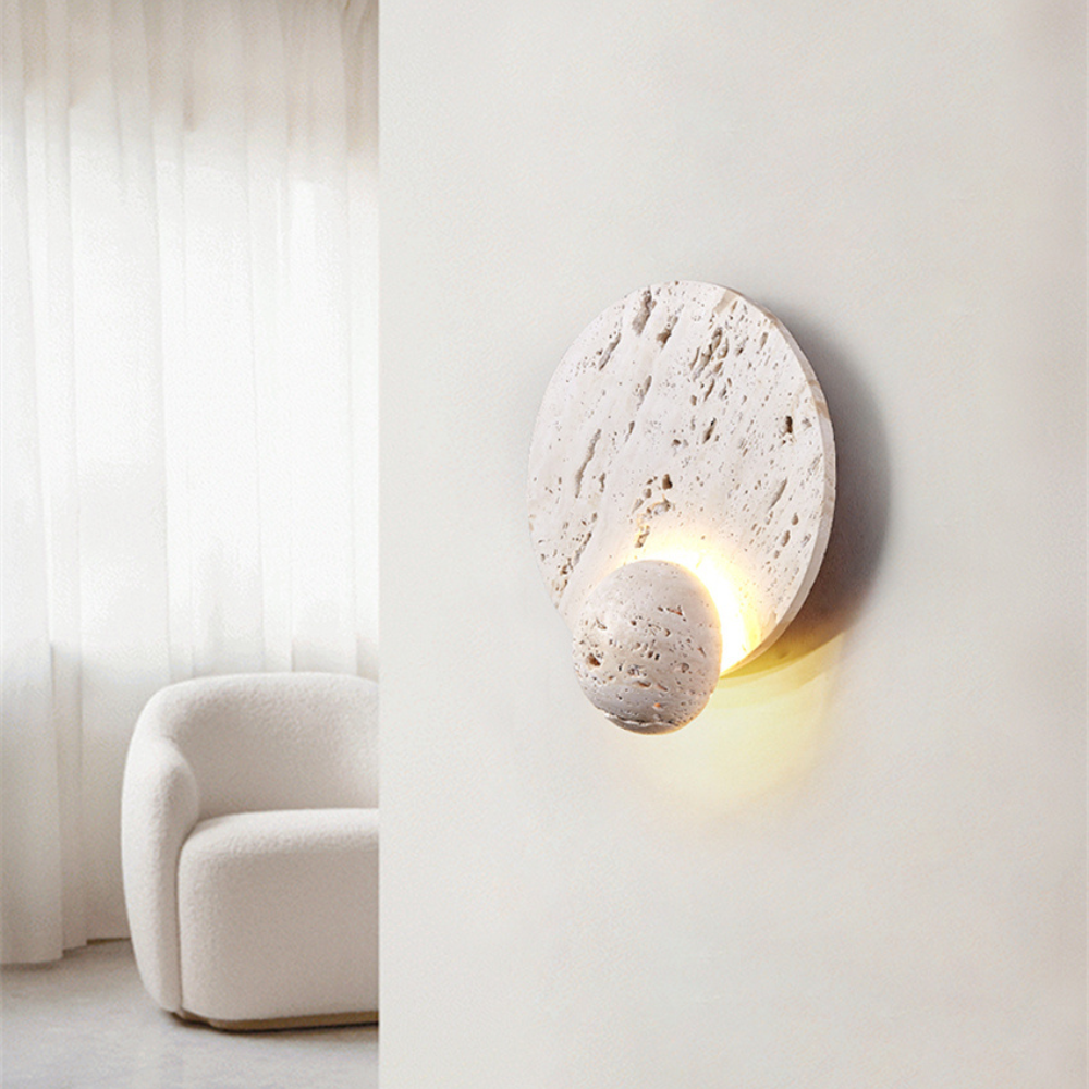 Sculptural Stone Sconce with Eclipse Glow Natural Beige Indirect Lighting for Bedroom Hallway Living Room Organic Minimalist Japandi Decor