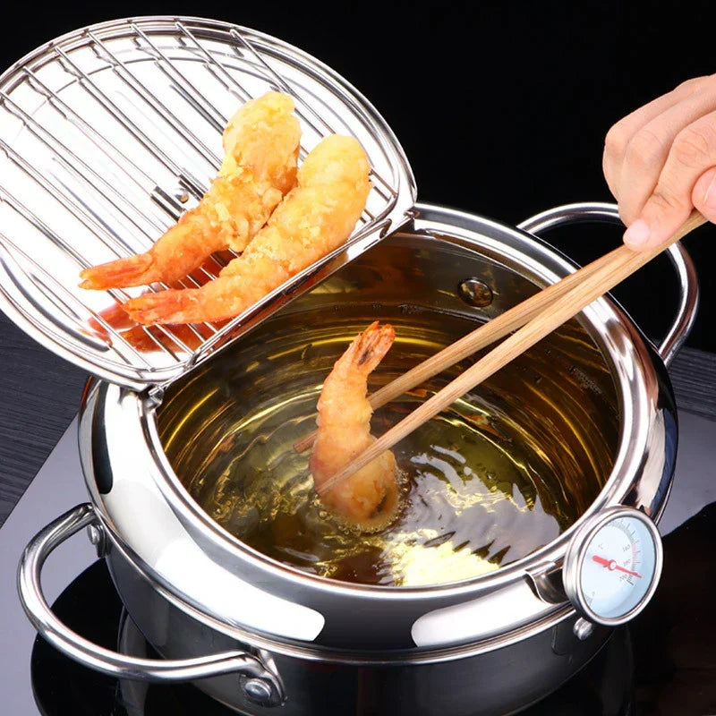 Stainless Steel Tempura Pot with Built-In Thermometer & Oil Strainer Lid 9.4 Inch Silver for Japanese Frying Chicken Karaage Tonkatsu Home K