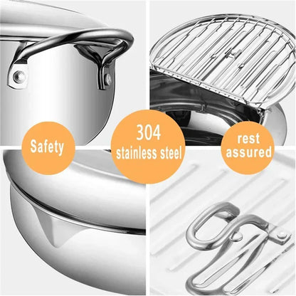 Stainless Steel Tempura Pot with Built-In Thermometer & Oil Strainer Lid 9.4 Inch Silver for Japanese Frying Chicken Karaage Tonkatsu Home K