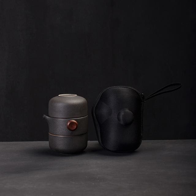 Japanese Travel Tea Set with Handmade Pottery, Includes Teapot, 2 Cups, and Compact Travel Bag