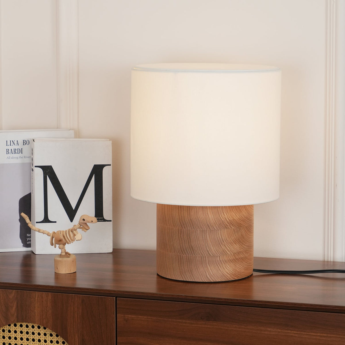 Wooden Bedside Lamp with Linen Shade – 12 Inch Modern Accent Light for Bedroom Nightstand, Living Room End Table, Reading Nook – Warm Glow D