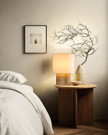 Wooden Bedside Lamp with Linen Shade – 12 Inch Modern Accent Light for Bedroom Nightstand, Living Room End Table, Reading Nook – Warm Glow D