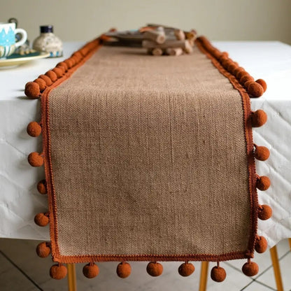 Juno Table Runner - Jute with Orange Pom-Pom Trim, Bohemian Style for Fall Decor