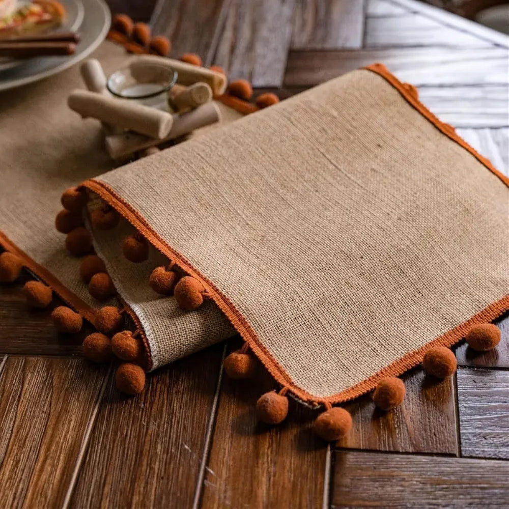 Juno Table Runner - Jute with Orange Pom-Pom Trim, Bohemian Style for Fall Decor