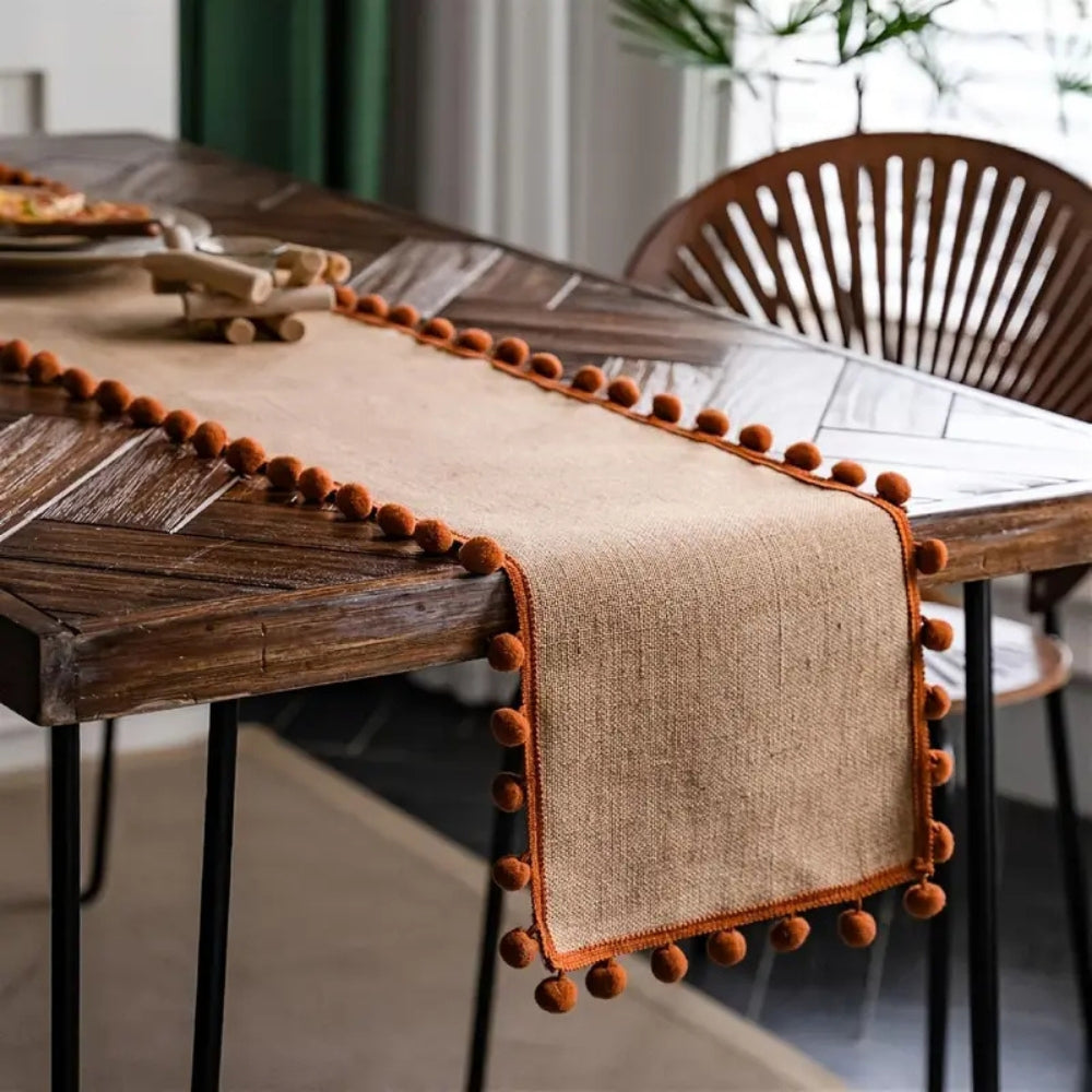 Juno Table Runner - Jute with Orange Pom-Pom Trim, Bohemian Style for Fall Decor