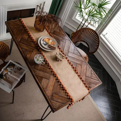 Juno Table Runner - Jute with Orange Pom-Pom Trim, Bohemian Style for Fall Decor