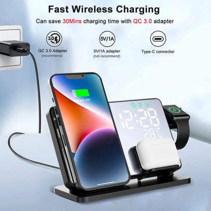 Wireless Charging Station for iPhone, Apple Watch & AirPods with Alarm Clock | 3-in-1 Fast Charging Dock Station | Qi-Certified